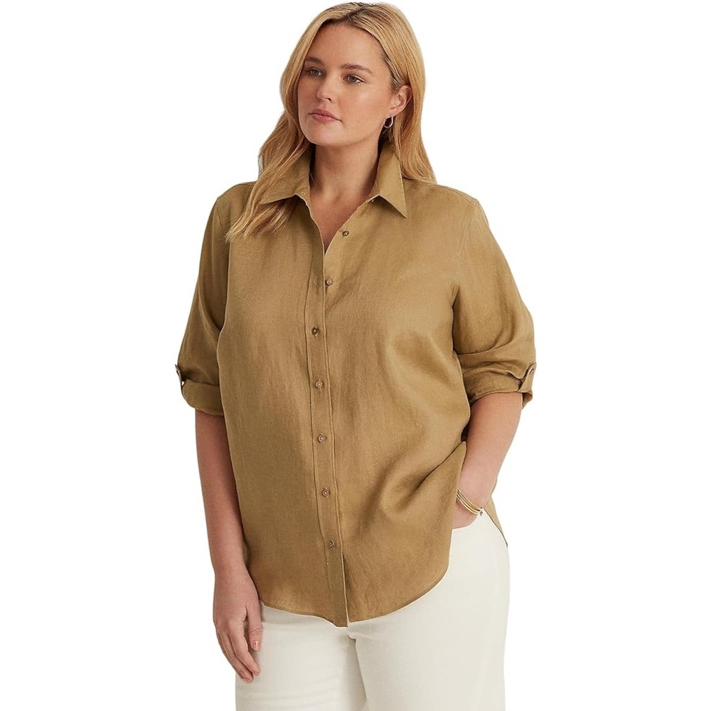 LAUREN by RALPH LAUREN Corozo Brown Semi Sheer Button Down Blouse Shirt 3X